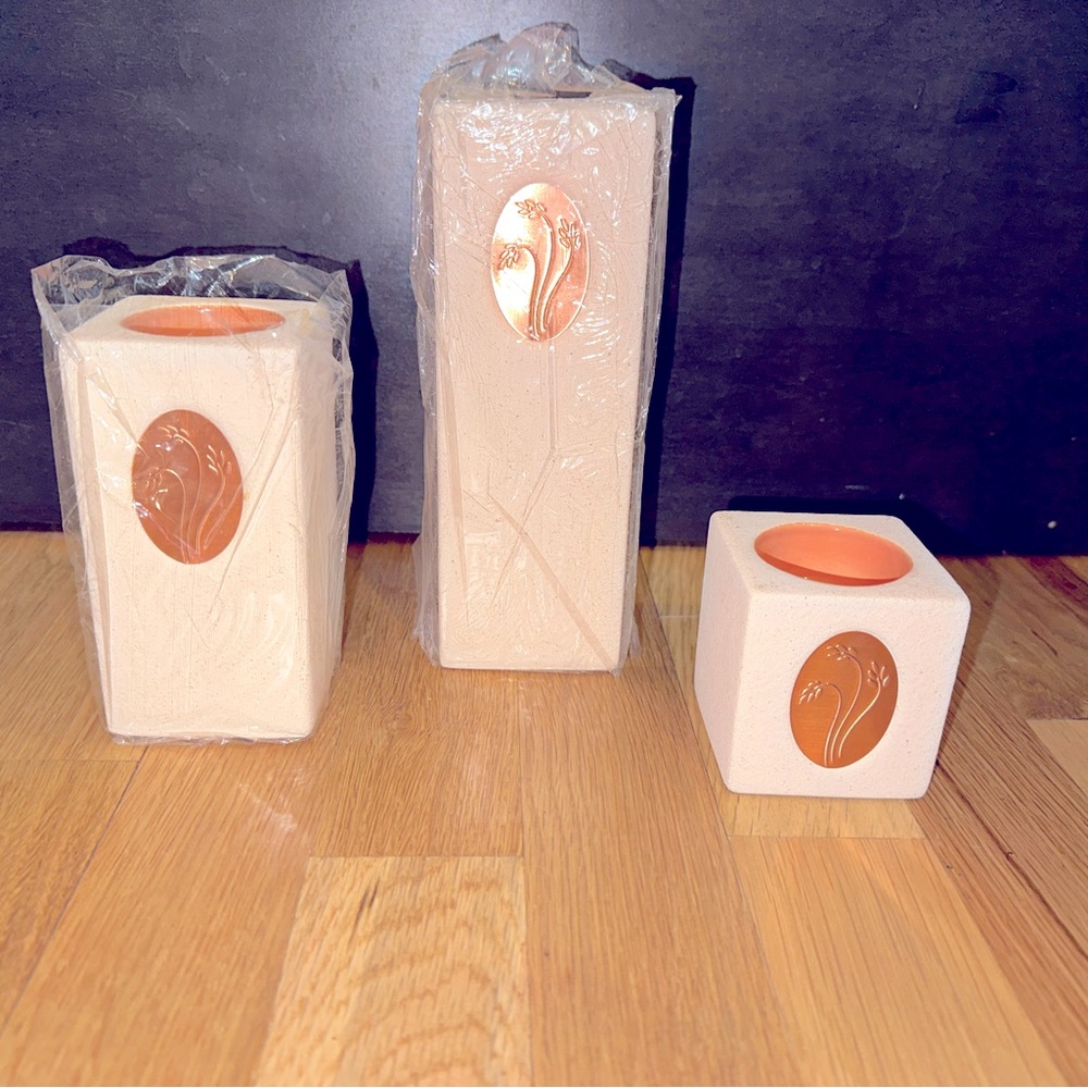 PartyLite Wheat Copper Medallion Tealight Trio Candle Holder Square Pillars NEW